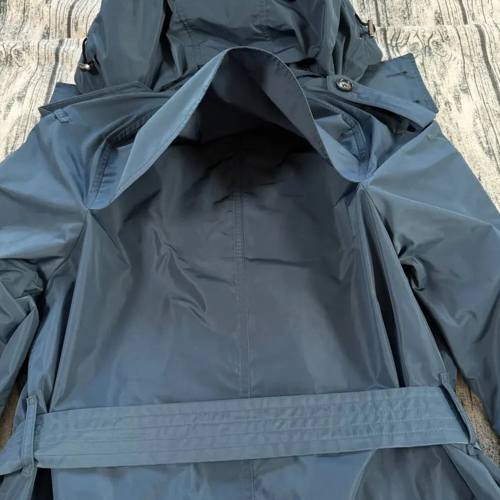 Burberry London Blue Trench Coat Women Hooded Belted Nova Check Lined Size 14 - Picture 6 of 16